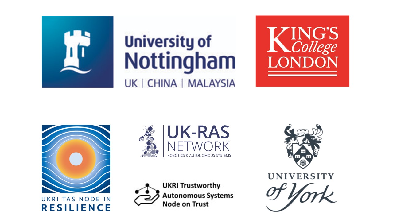 The logos for the University of Nottingham, King's College London, the UK Node in Resilience, UK-RAS Network, The UKRI Trustworthy Autonomous Systems Node in Trust, University of York are displayed.
