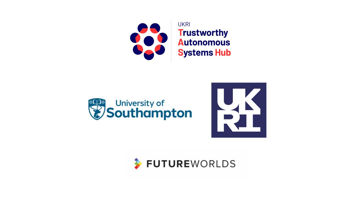 The logos for the Trustworthy Autonomous Systems Hub, the University of Southampton, UKRI and Future Worlds are displayed. 