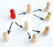 Delegating concept. Wooden figurines and arrows as symbol of delegation.
