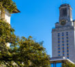UT Tower Campus Courtyard Nice Morning Sunshine on the University of Texas at Austin with the UT Clock Tower in the background standing tall on a nice clear Sunny Blue Sky morning. Also the same tower that the UT Tower Mass Shooting took place.