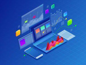 Concept business strategy. Illustration of data financial graphs or diagrams, information data statistic. Laptop and infographics isometric vector illustration on ultraviolet background.
