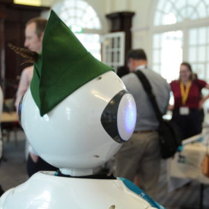 Image of Pepper the humanoid robot wearing a robin hood hat