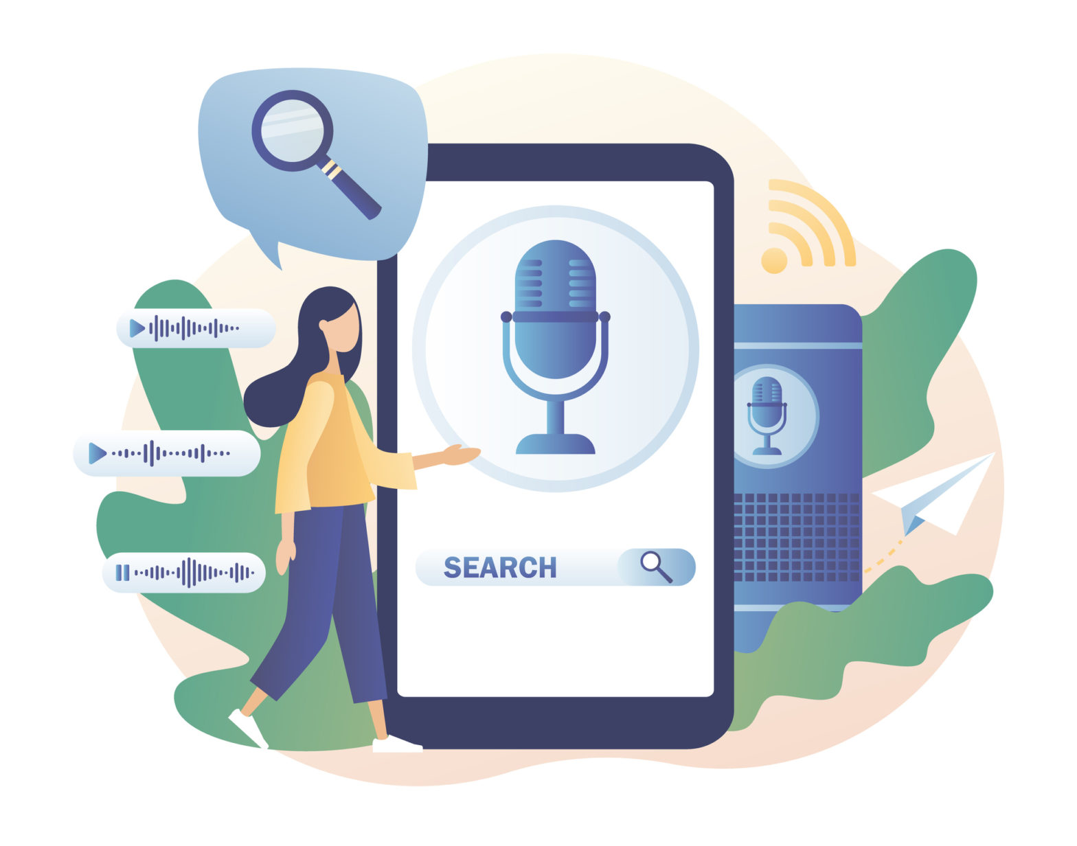 Voice assistant concept. Tiny woman use voice controlled, search, activated digital assistants, voice identification in smartphone app. Modern flat cartoon style. Vector illustration