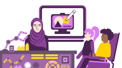 Clip from the project animation showing a Muslim female working with two children from diverse abilities and backgrounds, with a computer screen.